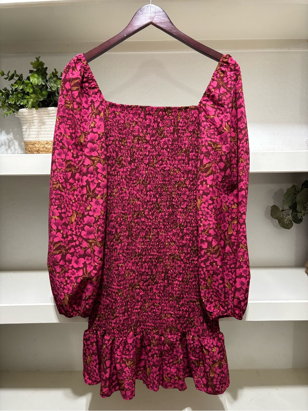 Women’s Pink Floral Smocked Square-Neck Dress